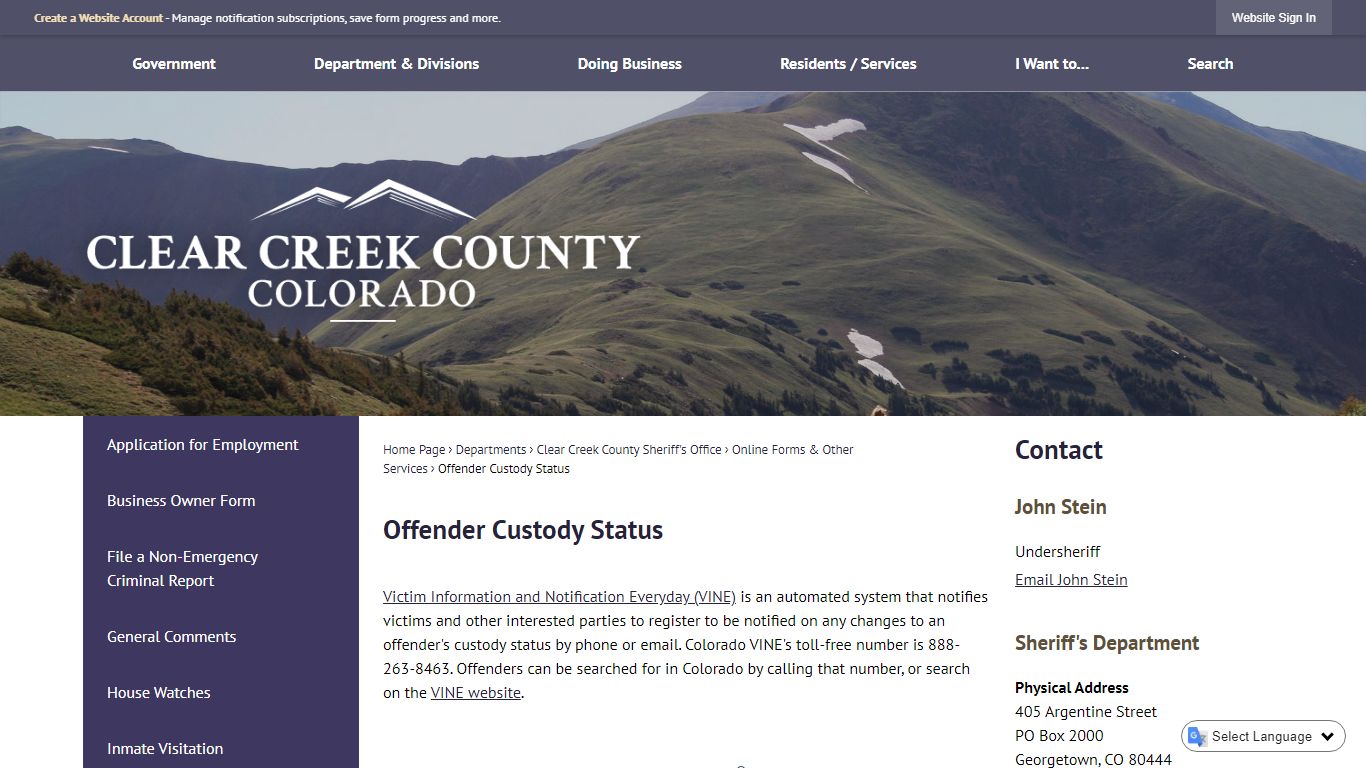 Offender Custody Status | Clear Creek County, CO - Official Website